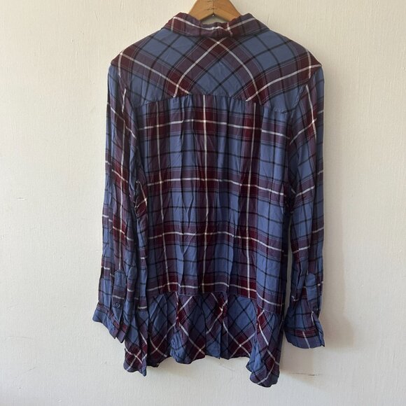 Christopher & Banks Blouse Womens XL Blue Plaid Button Front Ruffle Hem Collared - Picture 6 of 7
